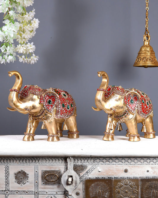 Brass Maharaja Elephant Pair – Rajasthani Meenakari & Stone Work Royal Décor Set (12.5 Inches)