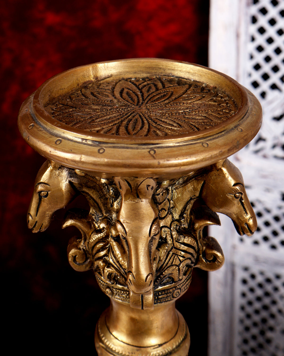 Brass Horse Design Pillar Candle Stand — Classic Theme  14 inch
