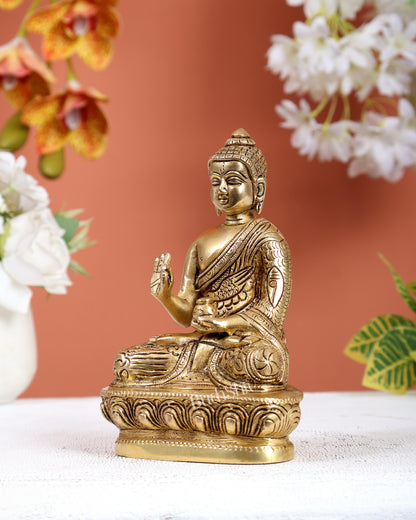 Brass Buddha Statue with Dragon Carvings – Intricately Detailed Small Sculpture