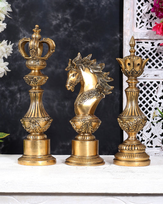 Brass Chess King, Queen & Knight — Decorative Showpiece Set 13 inch
