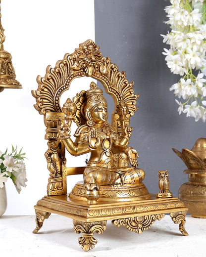 Brass Goddess Lakshmi with Owl & Prabhavali Idol – Handcrafted Temple Sculpture 14 inch