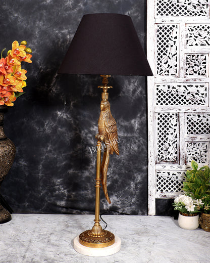 Suvarna Shuka — Designer Brass Parrot Table Lamp with Black Shade & Marble Base