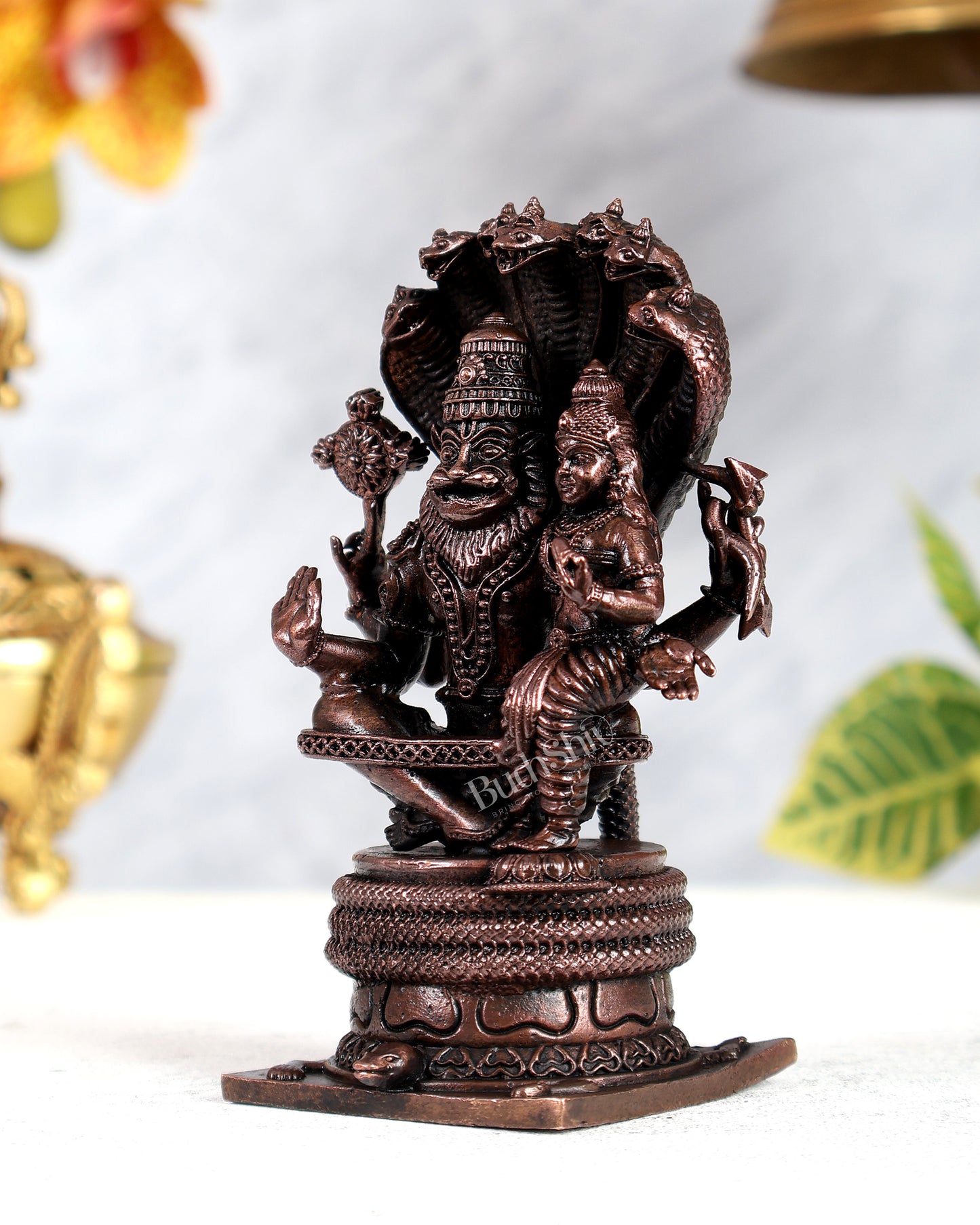Pure Copper Lakshmi Narasimha Swamy on Kurma & Sheshanaag Peeta – Divine Protection Sculpture (4.5 Inches)