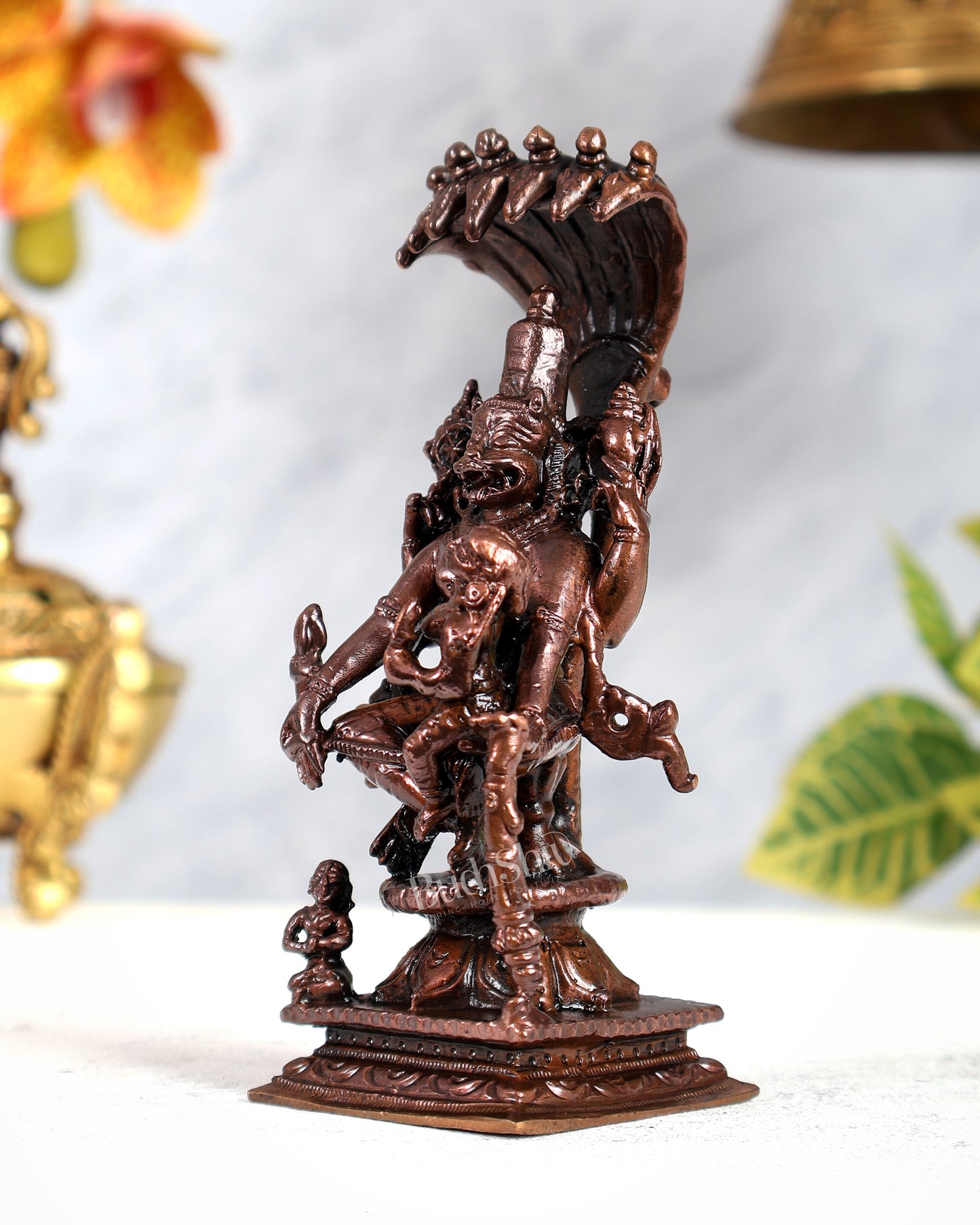 Pure Copper Lakshmi Narasimha Swamy with Sheshanaag & Bhakt Prahlad Idol – Divine Protection Sculpture (5 Inches)