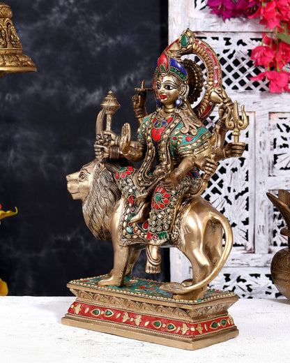 Brass Superfine Goddess Durga Statue - 15 Inch with stonework and shringaar