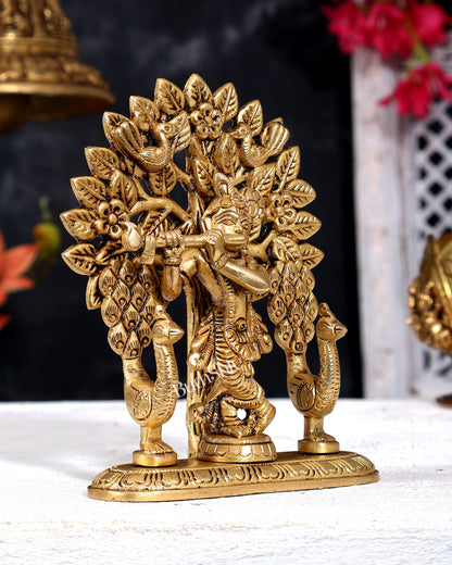 Brass Lord Krishna with Kalpavriksha and Two Peacocks Idol 5 inch