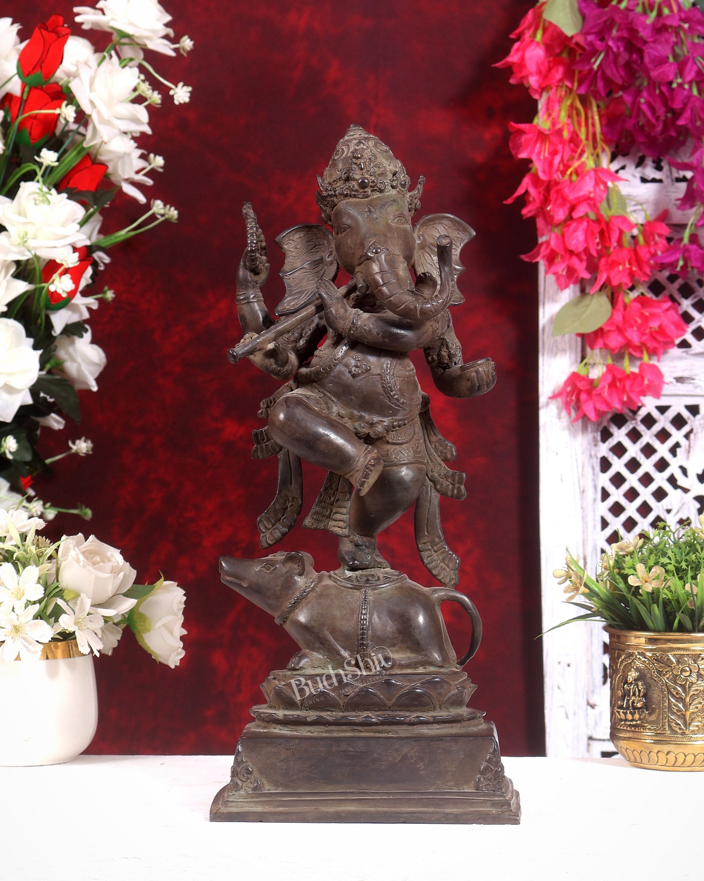 Bronze Dancing Ganesha Playing Flute Statue | Lost Wax Casting | 16.5 inch