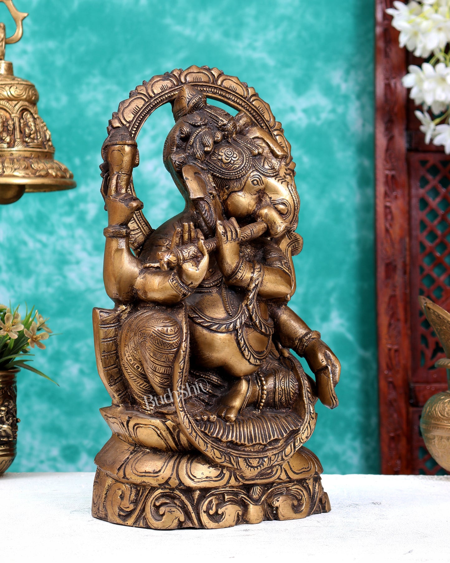 Antique Finish Brass Unique Ganesha Statue Playing Flute 13.1 inch