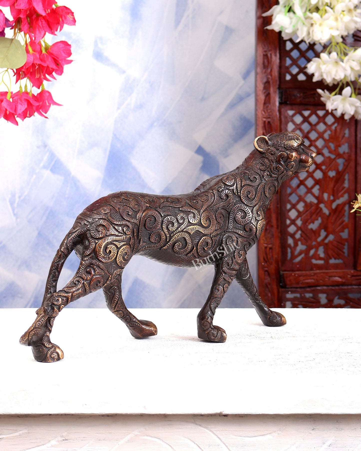 Brass Walking Leopard Showpiece 14 inch wide