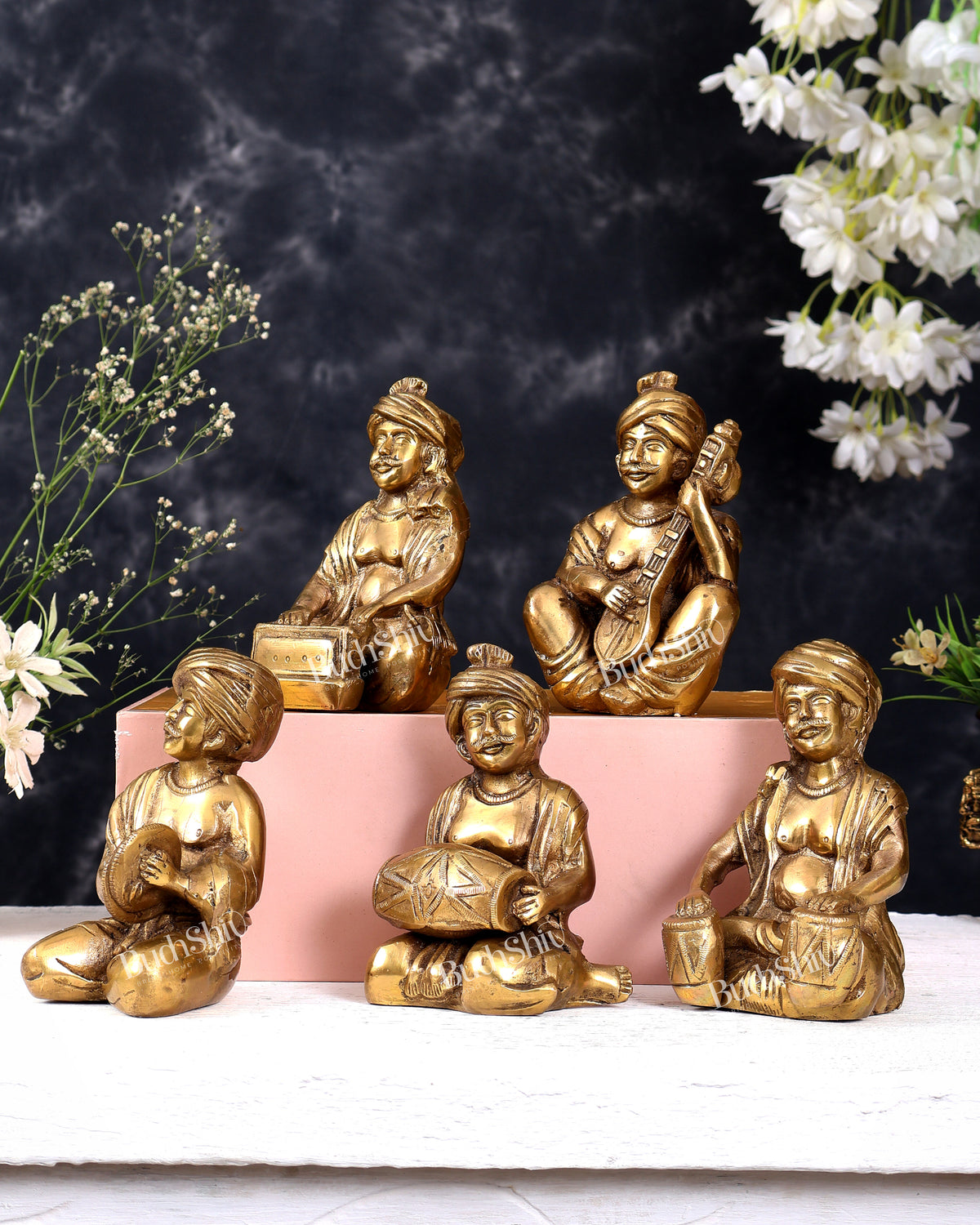 Pure Brass Rajasthani Musicians – Set of 5 pcs matte gold