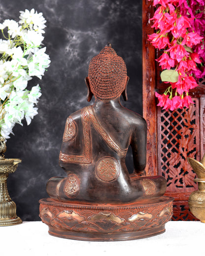 Nepalese Brass Buddha Statue in Three-Tone Black, Red & Silver Patina – Bhumisparsha Mudra Handcrafted Sculpture 16 inch
