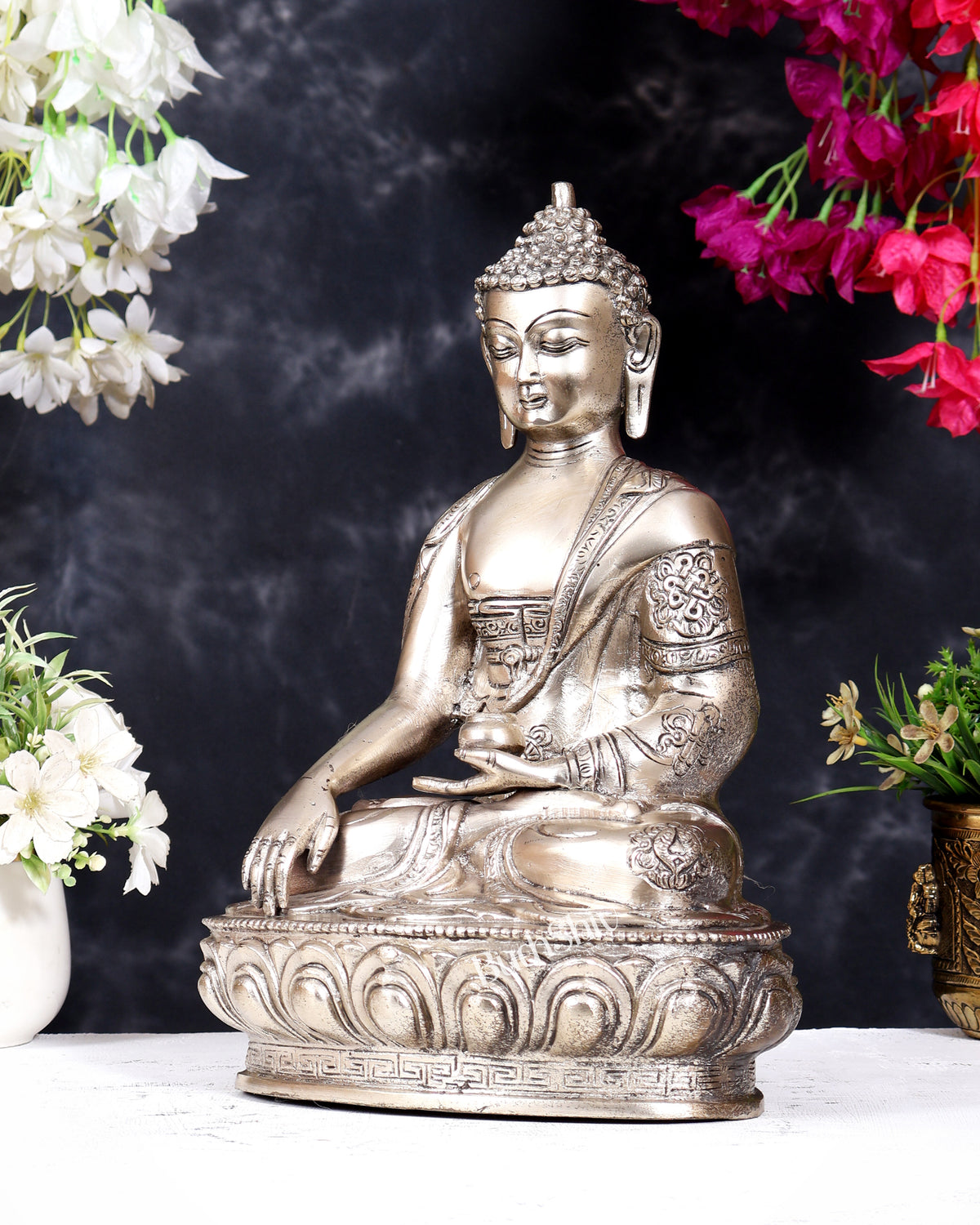 Pure Brass Blessing Buddha Statue - Silver plated , 12.5" Height