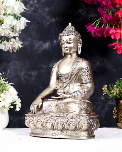 Pure Brass Blessing Buddha Statue - Silver plated , 12.5" Height