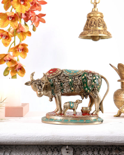 Pure Brass Superfine Kamadhenu Cow with Calf meenakari 6.5 inch