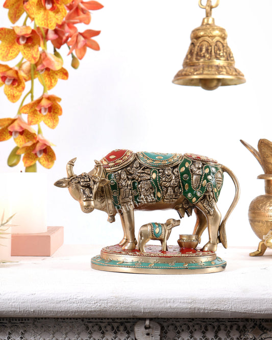 Pure Brass Superfine Kamadhenu Cow with Calf meenakari 6.5 inch