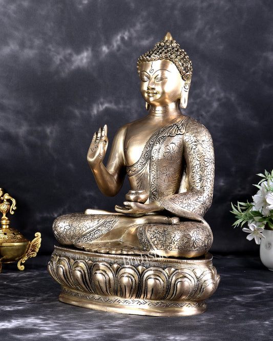 Pure Brass Blessing Buddha Statue with Intricate Carvings – Handcrafted Spiritual Sculpture (15 Inch)