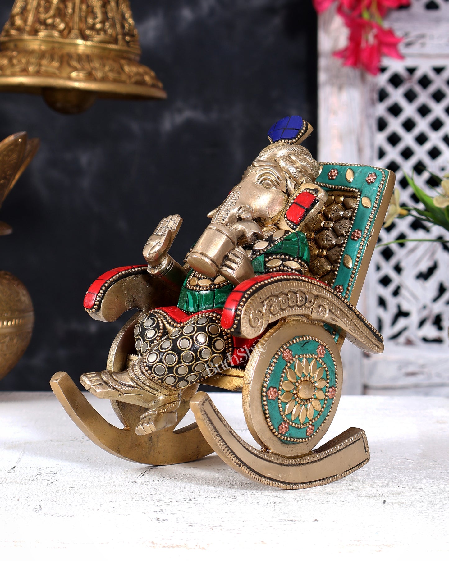 Brass Ganesha on Rocking Chair – Cute Relaxing Idol Gift 6.5 inch with Stonework
