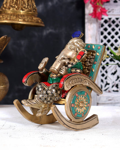 Brass Ganesha on Rocking Chair – Cute Relaxing Idol Gift 6.5 inch with Stonework