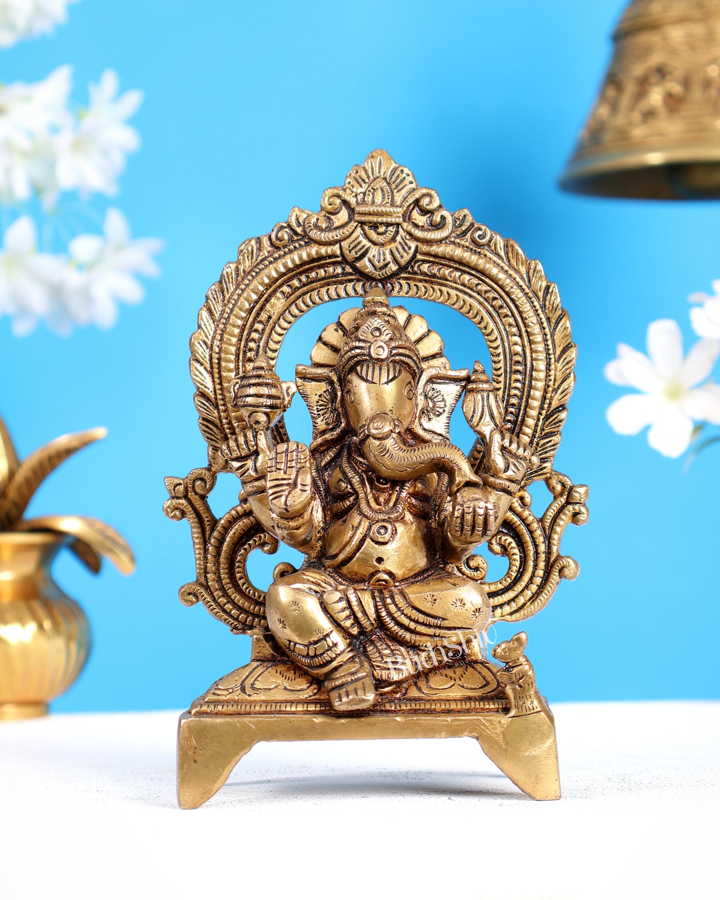 Brass Ganesha on Throne Statue – Highly Carved Divine Idol (6.5 Inches)