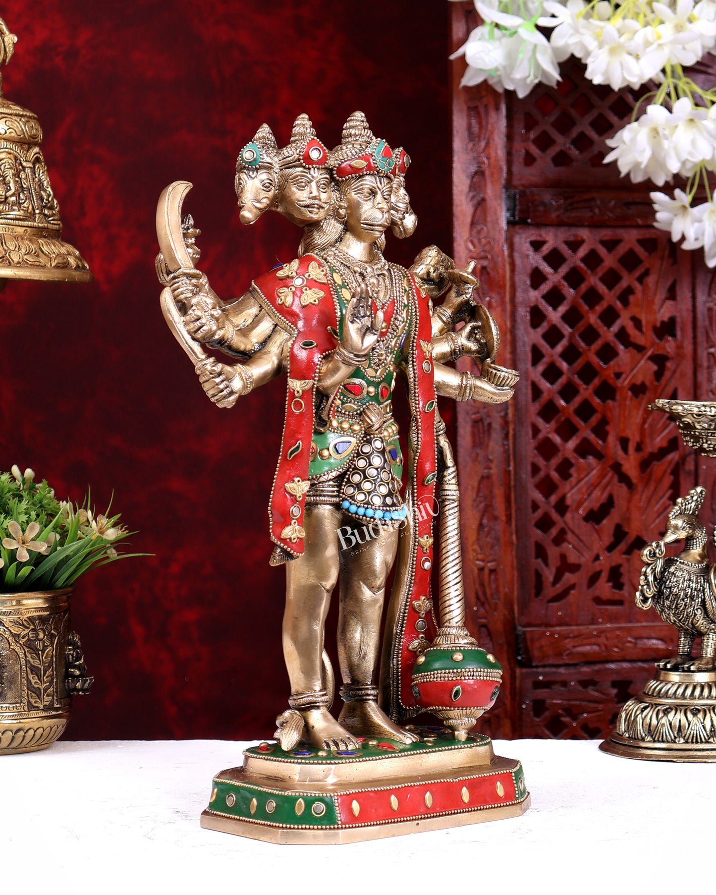Brass Standing Panchmukhi Hanuman Statue – Superfine Handcrafted Idol (14 Inch) with stonework