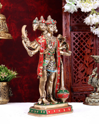 Brass Standing Panchmukhi Hanuman Statue – Superfine Handcrafted Idol (14 Inch) with stonework