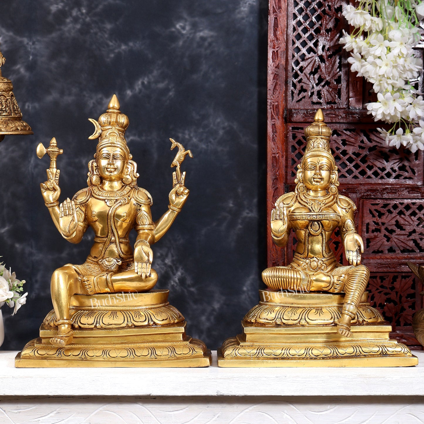 Brass Shiva & Parvati Sitting Statue | Uma Maheshwara 16.5 inch