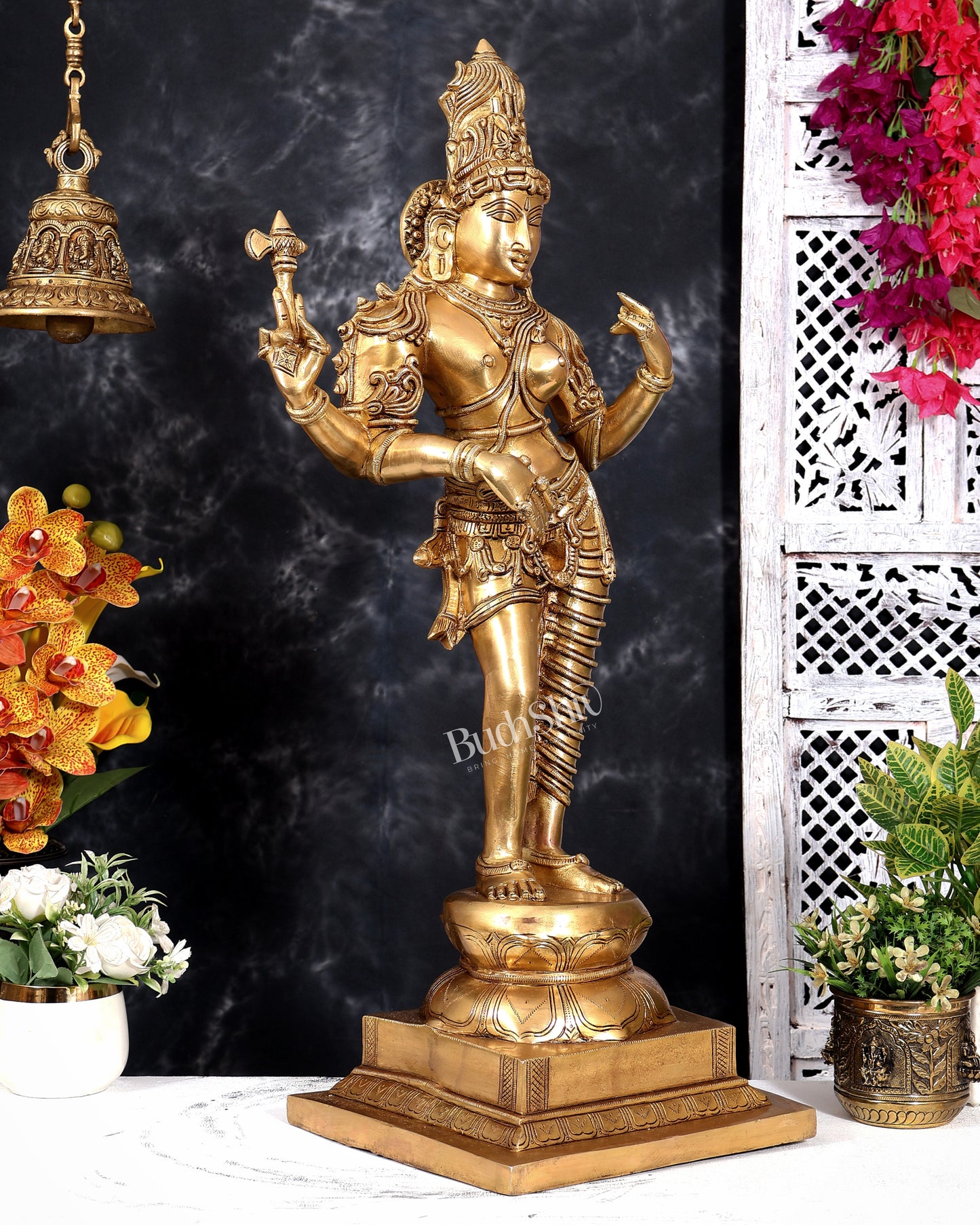 Brass Ardhanarishwara — Half Shiva Half Parvati Sculpture, Fine Carvings 31 inch tall