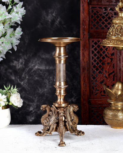Brass Yali Candle Stand – Unique Mythical Guardian Design Decorative Holder (13 Inches)
