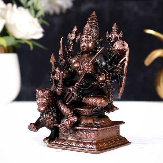Pure Copper Goddess Shakti Durga Idol Seated with Lion — Dashabhuja 4.2 inch