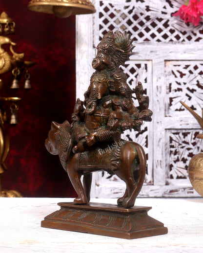 Brass Statue of Panchmukhi Heramba Ganesha - 9" Antique copper tone