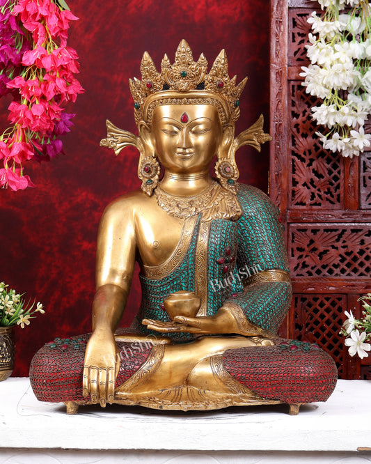 Brass Buddha statue with crown large sized inlay Nepalese copper wire meenakari 22 inch