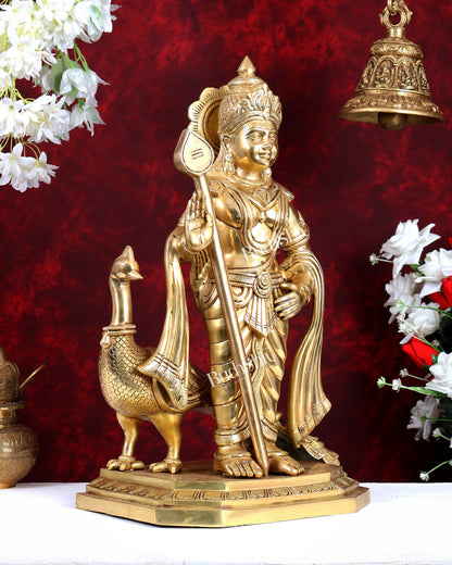 Large Brass Murugan Swamy with Peacock Idol – Highly Detailed Lord Kartikeya Statue (20.5 Inch)