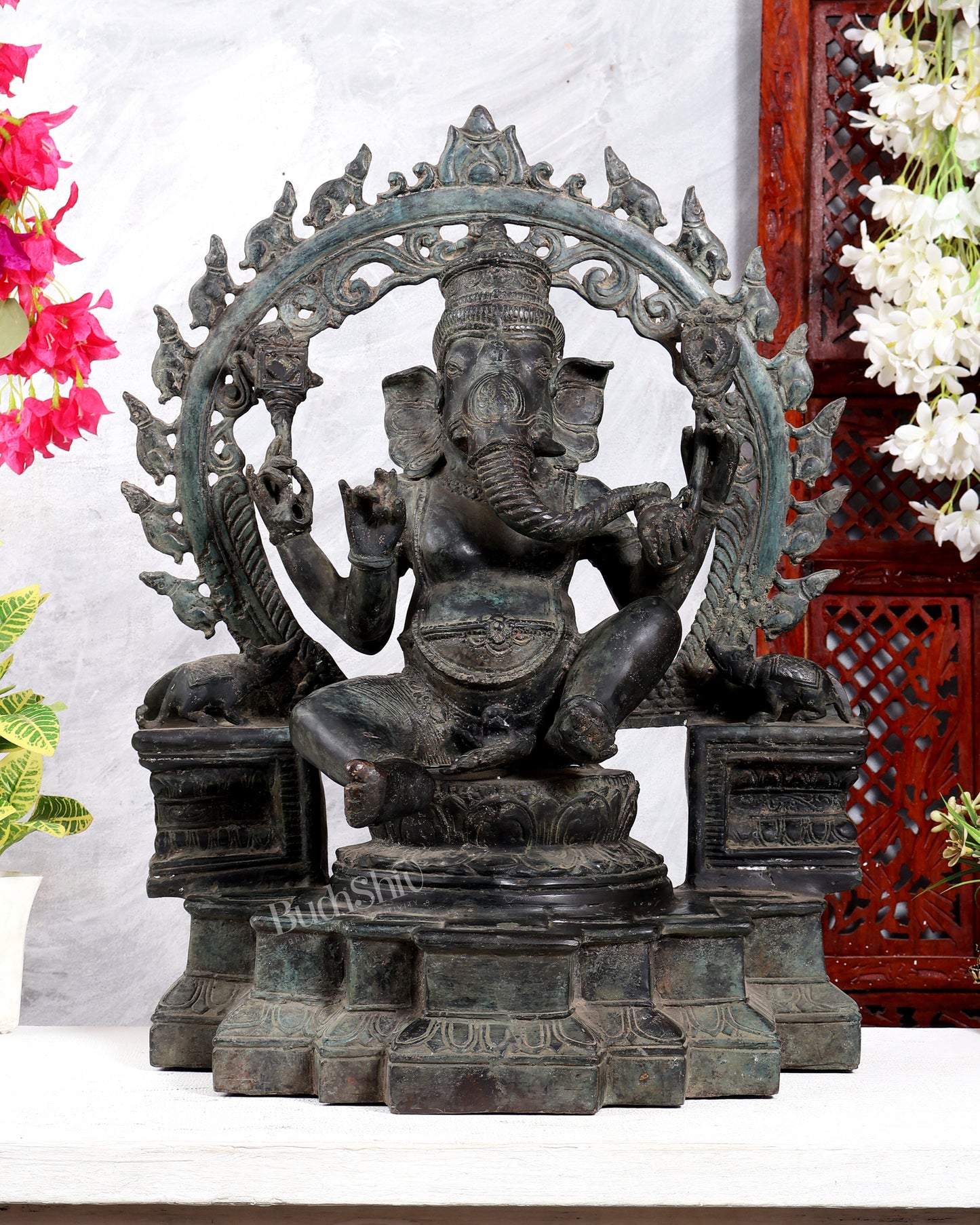 Vintage Bronze Lord Ganesha with Unique Mouse Prabhavali – Balinese Lost-Wax Casting (21 Inches)