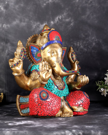 Brass Superfine Ganesha Statue with Stonework – 13.5 Inch