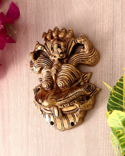 Brass Kirtimukha Yali Face Wall Hanging – Sacred Temple Guardian Décor (5.5 Inch, 800 GM) golden tone