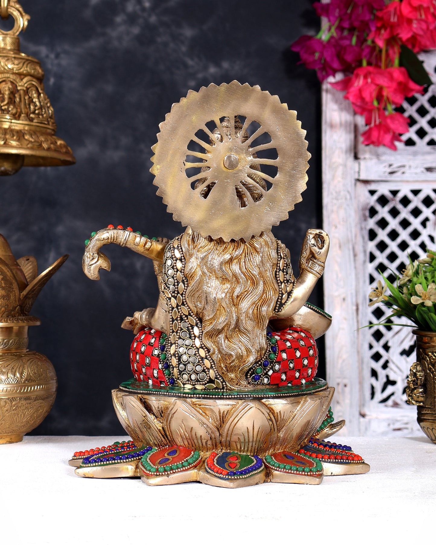 Brass Goddess Saraswati Sitting on Lotus with Swan | 11 Inch with meenakari Stonework