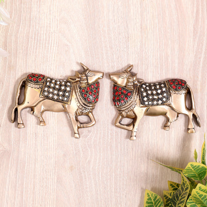 Handcrafted Pure Brass Kamdhenu Cow Wall Hanging for Pooja Room - 5" stonework