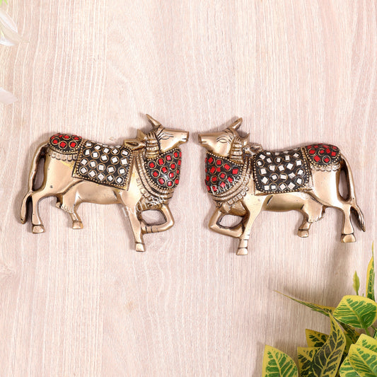 Handcrafted Pure Brass Kamdhenu Cow Wall Hanging for Pooja Room - 5" stonework