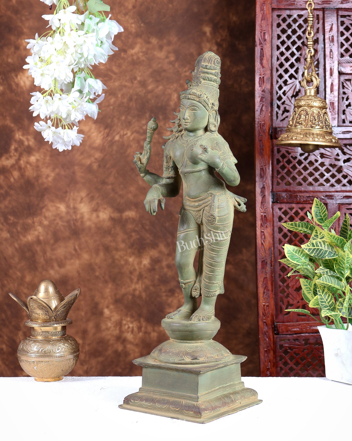Pure Brass Ardhanarishwara statue green patina, 20.8