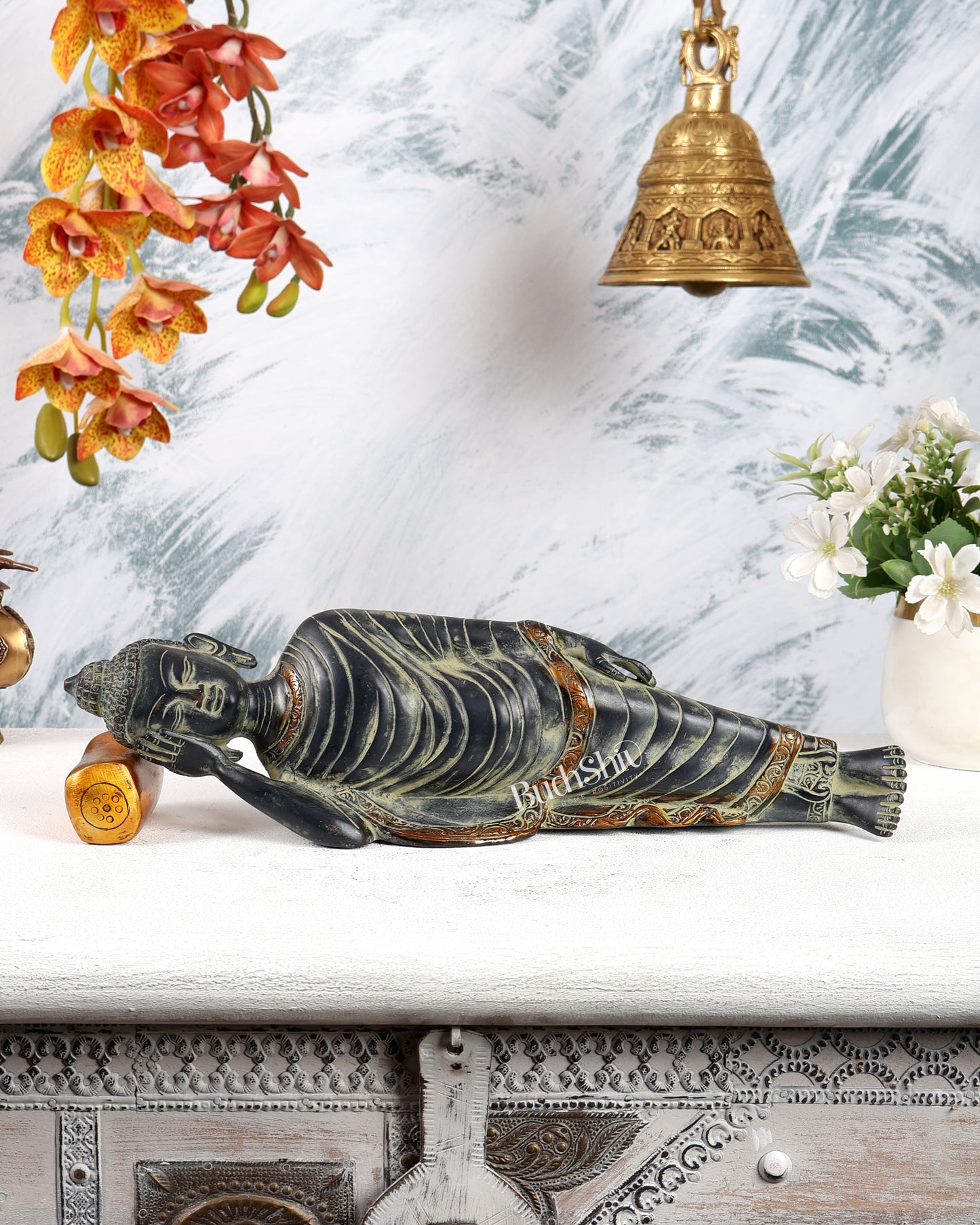 Brass Sleeping Buddha Statue – Vintage Black & Green Sand Finish Reclining Sculpture (13 Inches)