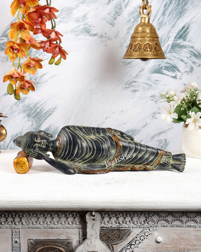 Brass Sleeping Buddha Statue – Vintage Black & Green Sand Finish Reclining Sculpture (13 Inches)