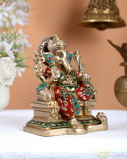 Brass Raja Ganesha on Throne Idol – Royal Handcrafted Lord Ganesha Sculpture 5.5 inch with Stonework