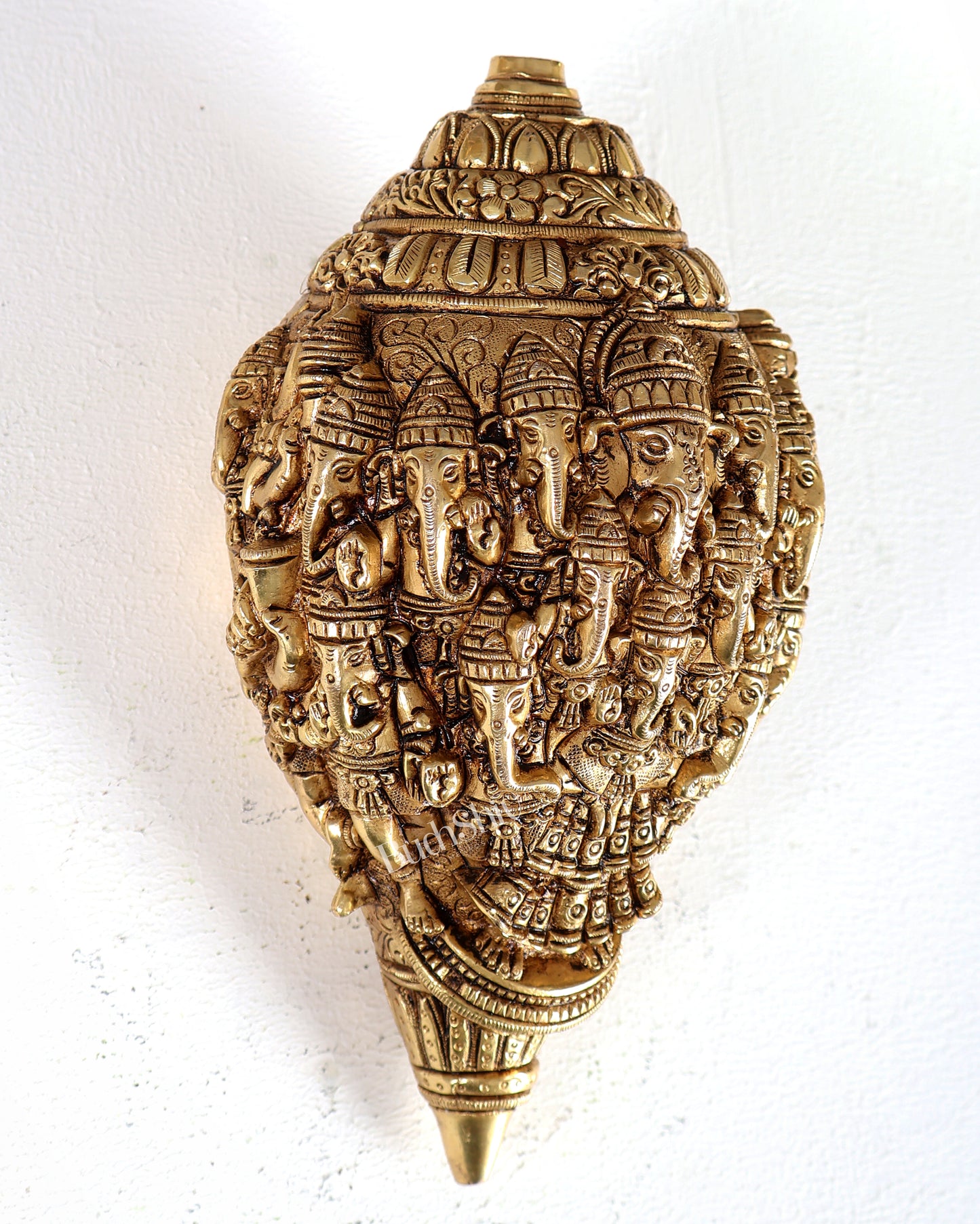 Brass Mahaganapati Shankh – Intricately Detailed Auspicious Lord Ganesha Conch Sculpture 8.5 inch