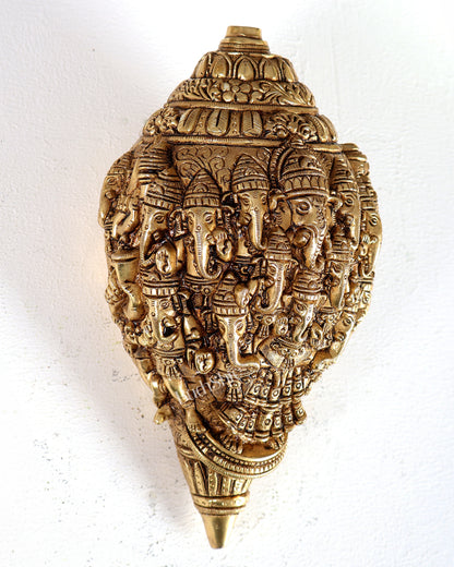 Brass Mahaganapati Shankh – Intricately Detailed Auspicious Lord Ganesha Conch Sculpture 8.5 inch