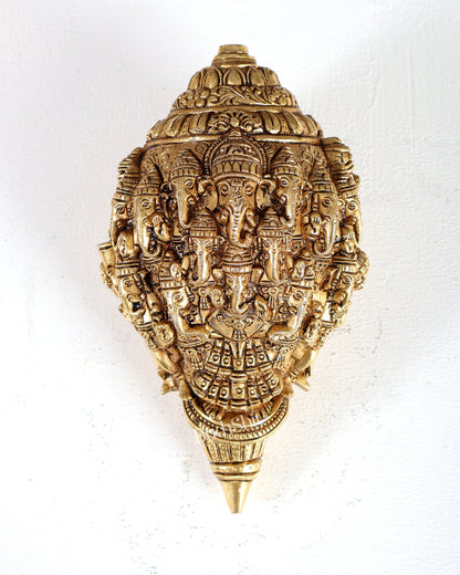 Brass Mahaganapati Shankh – Intricately Detailed Auspicious Lord Ganesha Conch Sculpture 8.5 inch