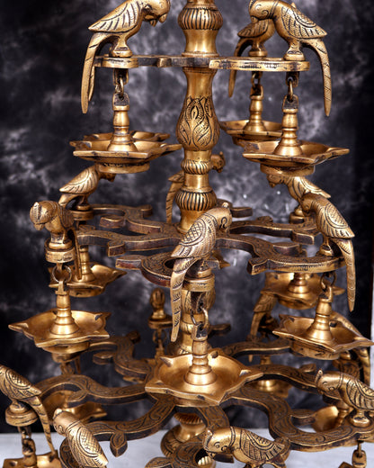 Brass Multi-Layer Parrot Lamp — 108 Diyas, 22 Parrots (Antique Tone) 38 inch