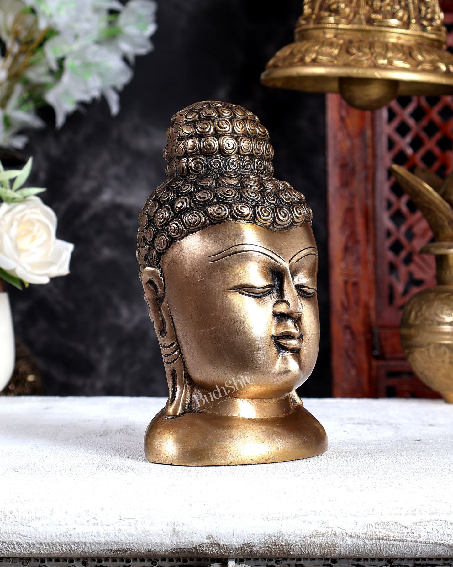 Brass Unique Buddha Face Statue – Handcrafted Meditative Spiritual Sculpture 6.5 inch