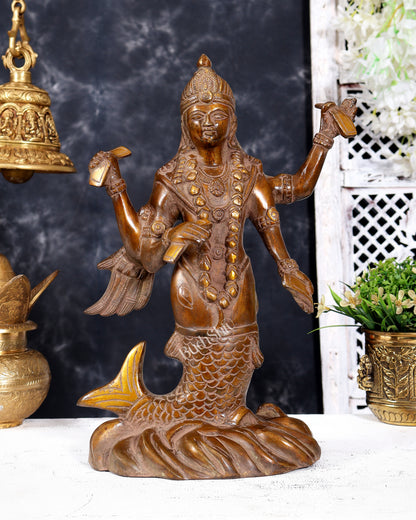 Pure Brass Matsya Vishnu Avatar Statue | Vintage Finish Divine Sculpture (14 Inch)