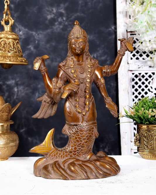 Pure Brass Matsya Vishnu Avatar Statue | Vintage Finish Divine Sculpture (14 Inch)