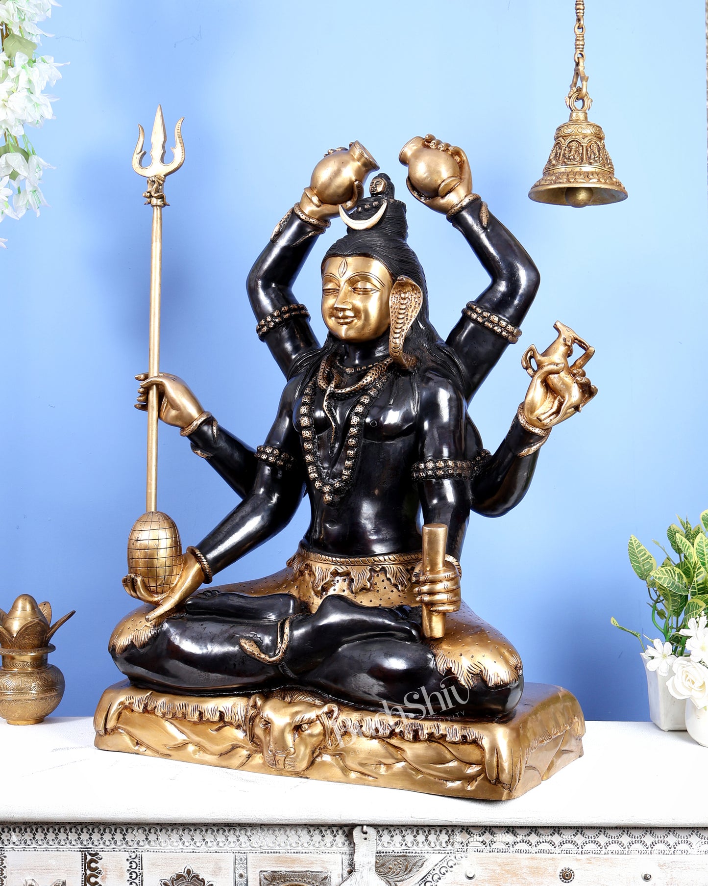 Six-Armed Brass Shiva Statue Mahamrityunjaya 30 inch black edition